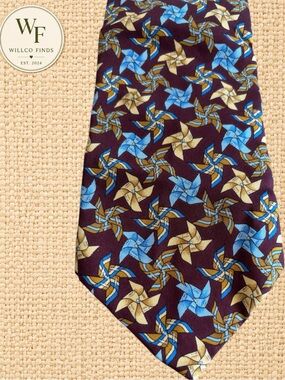 VTG 80s GUCCI Silk Tie Burgundy Blue Pinwheel Geometric Crest Made In Italy